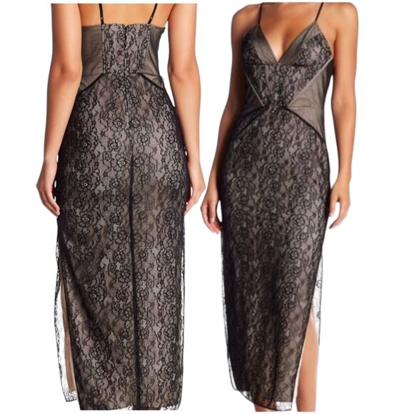 2 Haute Hippie Slip Dress Formal Tess Lace Midi Satin Nude Black Side Slit - Picture 1 of 13